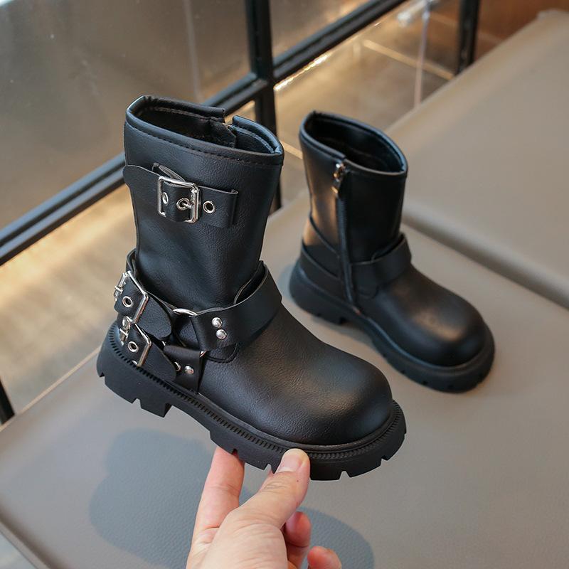 

Мода Классический Британский Стиль Детские Модные Сапоги Девочка Сапоги до середины икры Кожаные Простые Толстая подошва Детские Повседневные Сапоги Весна Осень Горячие 37 length 23cm чёрный