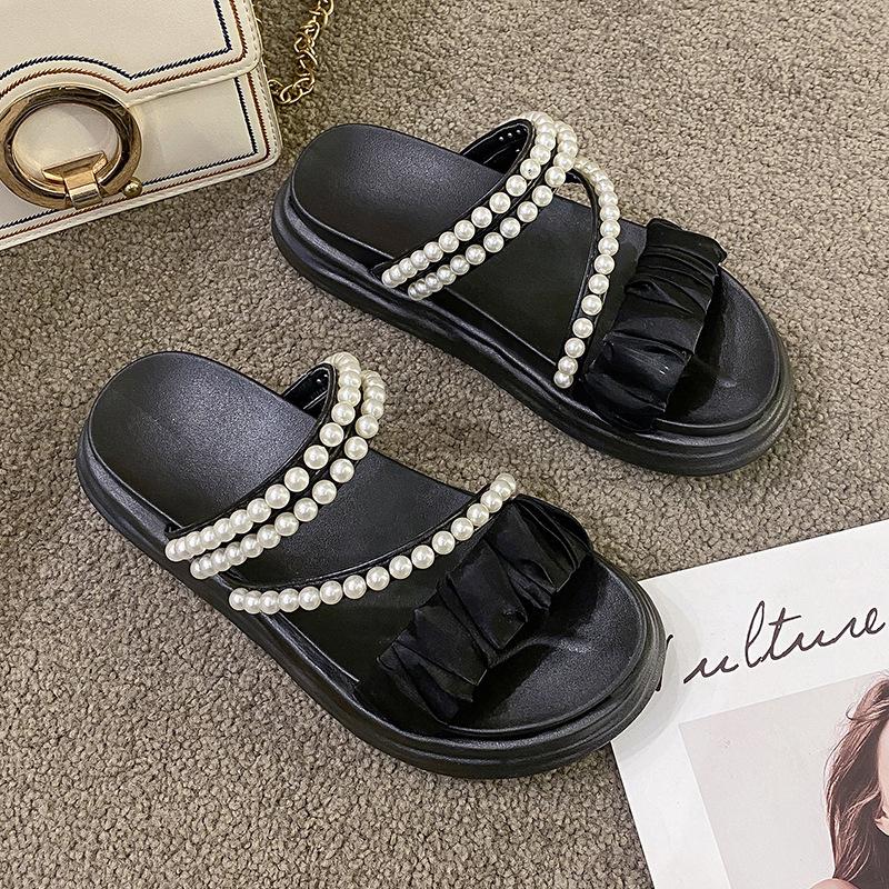 

Fairy wind pearl slippers female summer wear 2025 new muffin thick bottom non-slip versatile one-word drag ins tide 40 чорний