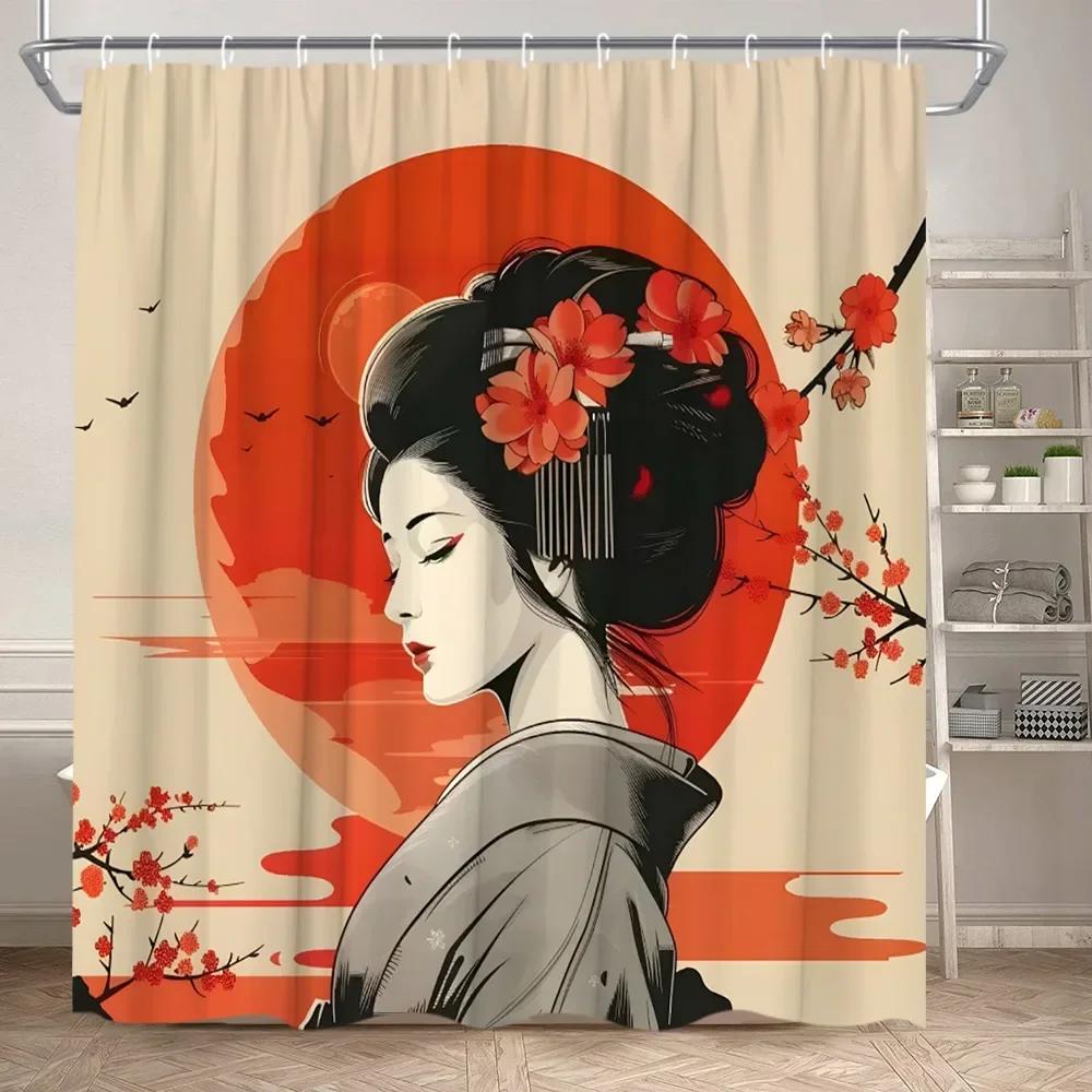 

Asian Woman Shower Curtain Japanese Kimono Cherry Blossom Landscape Ink Painting Art Polyester Fabric Bathroom Decor Curtain Set 90x180cm35x71in