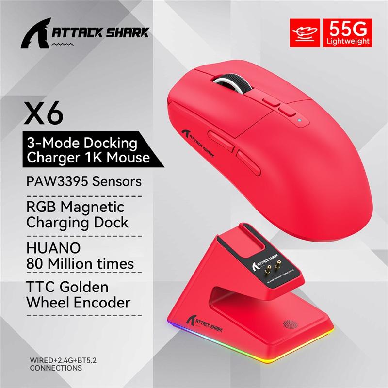 X6 Attack Shark Lehká bezdrátová myš Až 26K DPI RGB podsvícení Nabíjecí základna s bezdrátovým 3 režimem pro notebook Desktop