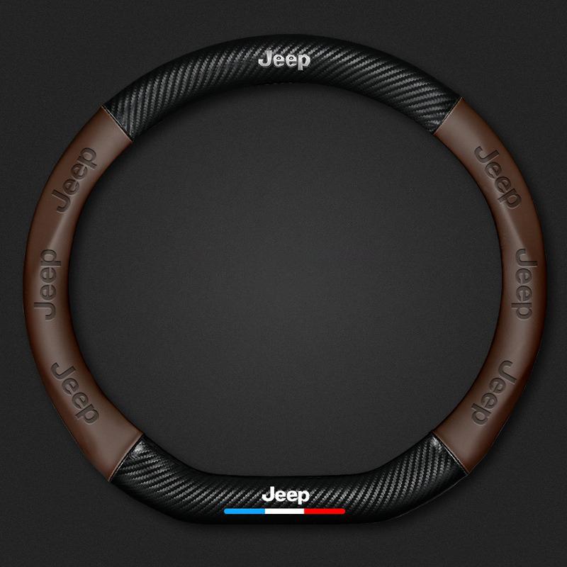 Car Napa Leather Carbon Fiber Texture Steering Wheel Cover For Jeep Grand Cherokee Wrangler Gladiator Compass Renegade Keychain