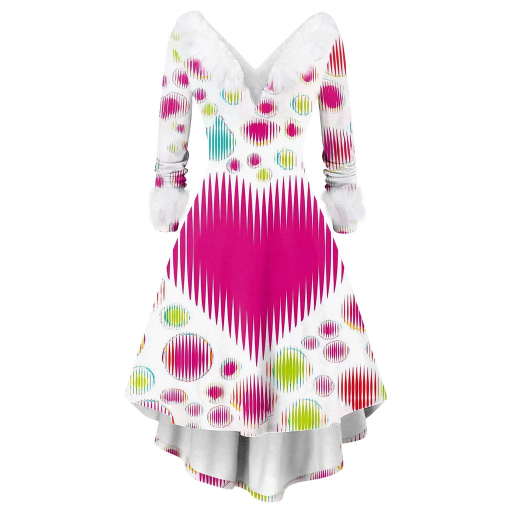 Damen stilvolles und elegantes langärmeliges V-Ausschnitt Kleid mit Valentinstags-Herzprint