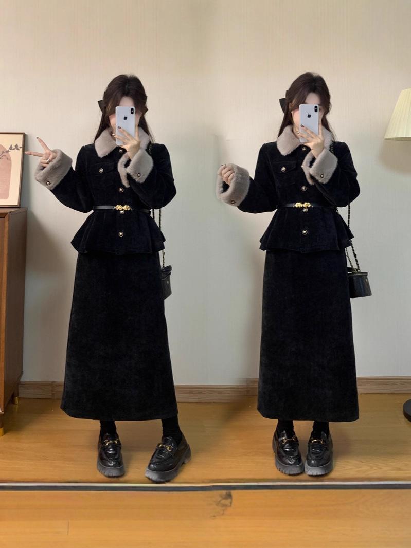 

2025 Winter Women s Plus Size Slimming Fur Collar Jacket & Belted Skirt Set M