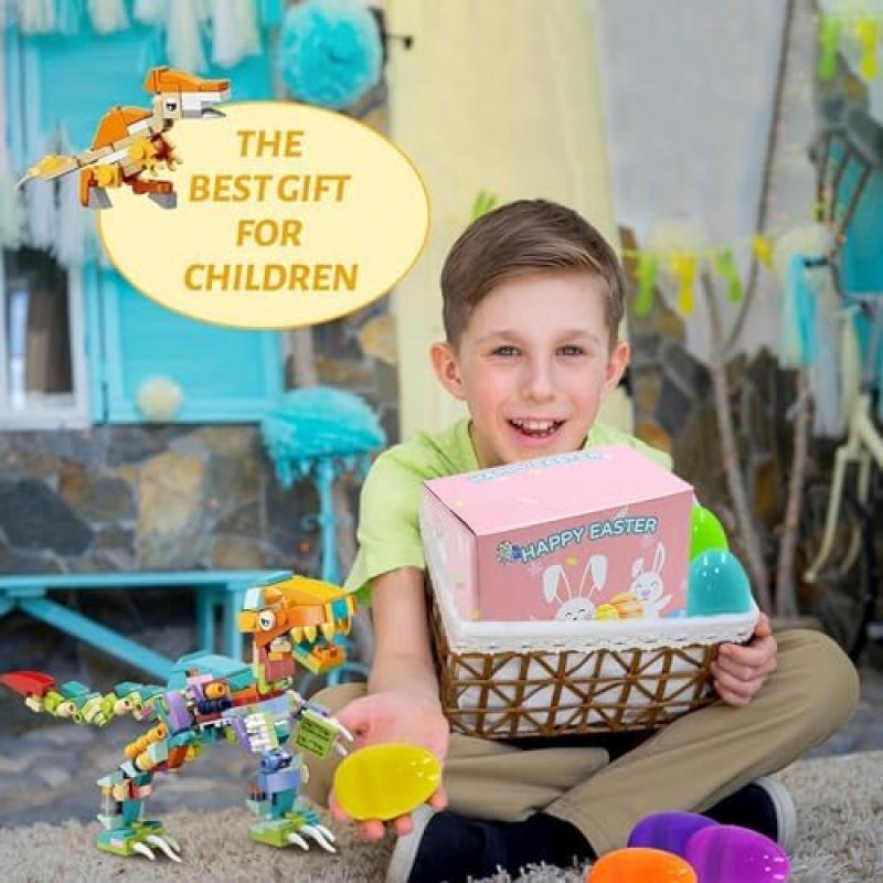 Prefilled Dinosaur Easter Eggs, 12-in-1 DIY Dino Building Toy Set, Fillable Easter Basket Stuffers Kids Toys for Boys and Girls