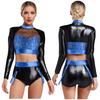 Womens Metallic Shiny Clubwear Outfits Snakeskin Pattern Print Long Sleeve Crop Tops+High Waist Shorts for Raves Disco Dance Top