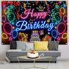2D Black Neon Birthday Backdrop "Happy Birthday" with Glowing Party Icons for Night Party Decoration