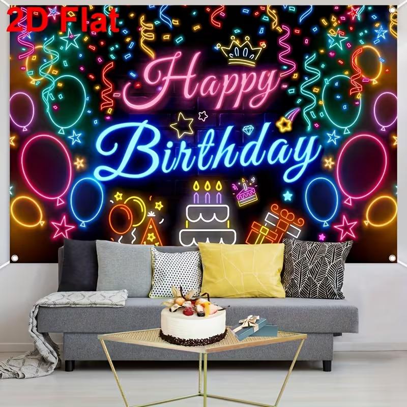 2D Black Neon Birthday Backdrop "Happy Birthday" with Glowing Party Icons for Night Party Decoration