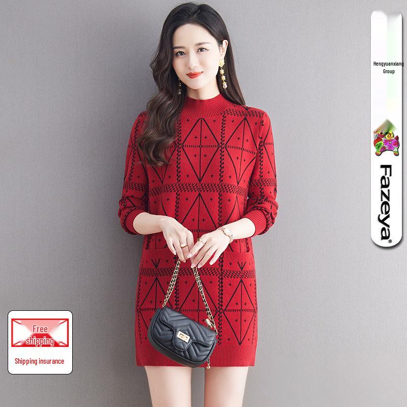 

Платье вязаное из шерсти аргайл Hengyuanxiang - Зимнее средней длины, с полувысоким воротником, модное и стильное для женщин Extra Large 115 красный