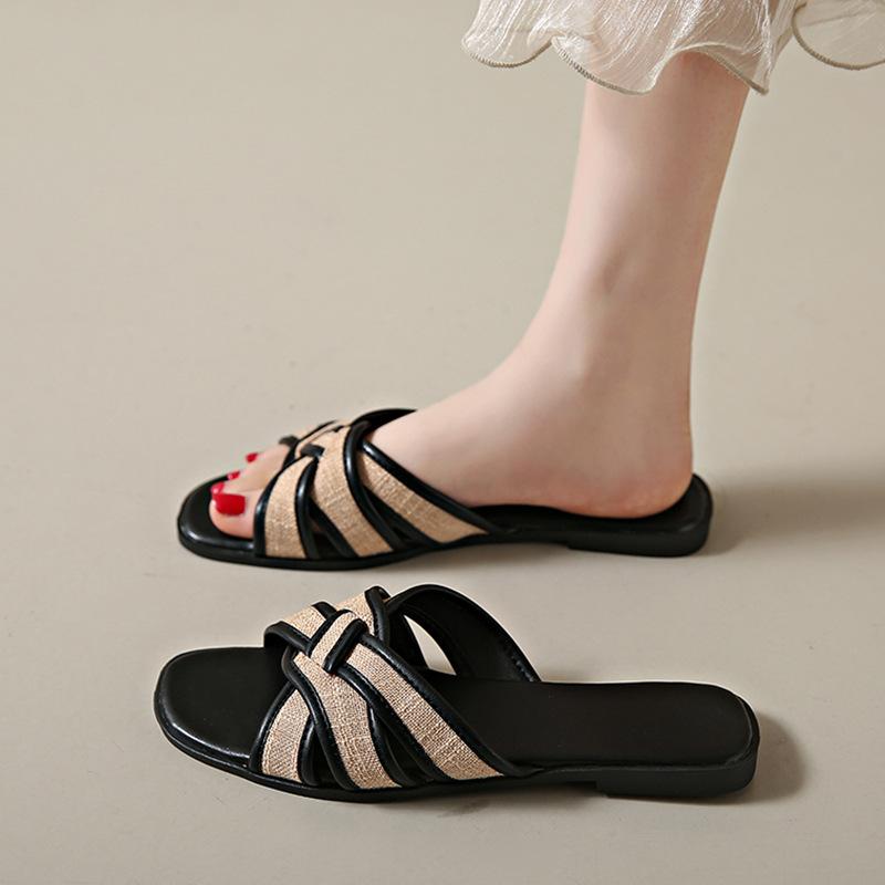 Flat-bottomed retro one-word slippers women's shoes new summer casual woven sandals beach sandals