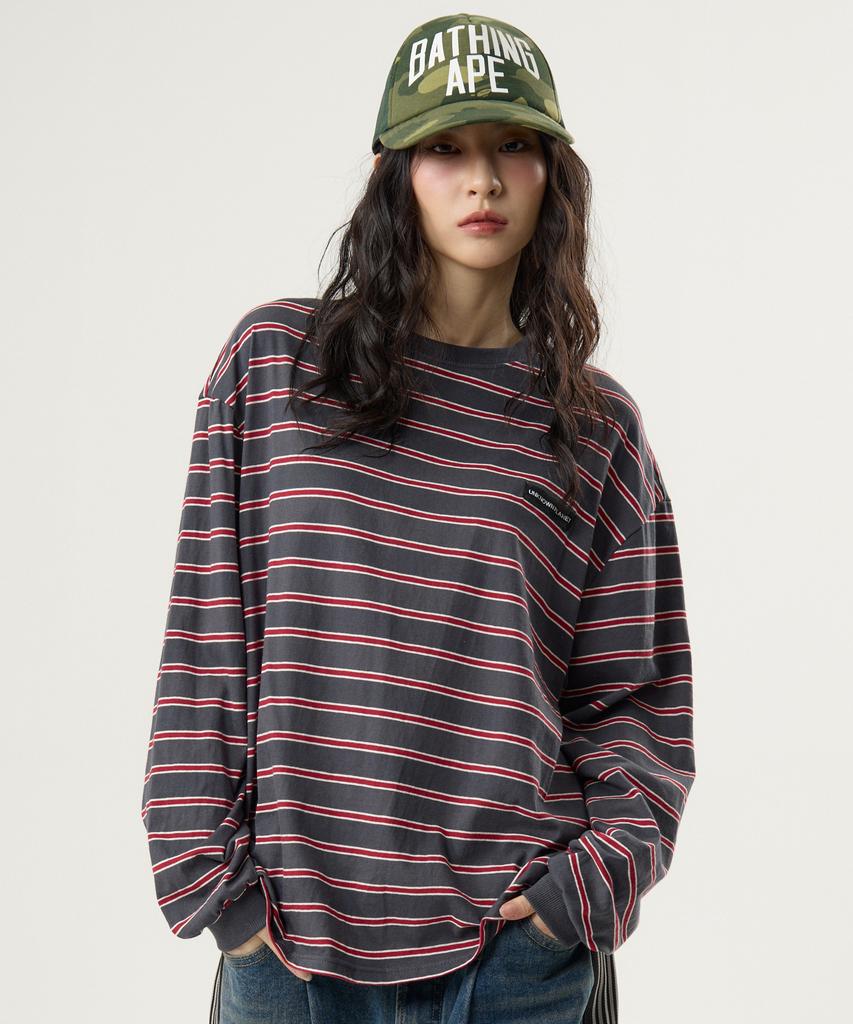 UNKNOWN PLANET Ivy Stripe Round Long Sleeve T-Shirt Gray