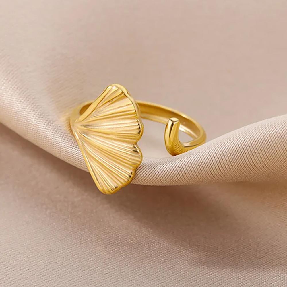 Gold Color Stainless Steel Shell Rings For Women Vintage Oval Blue Stone Adjustable Ring Fashion Party Jewelry Anniversary Gift