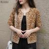 ZANZEA Women Retro Print Casual Round Neck Short Sleeve Open Front Cardigan Tops