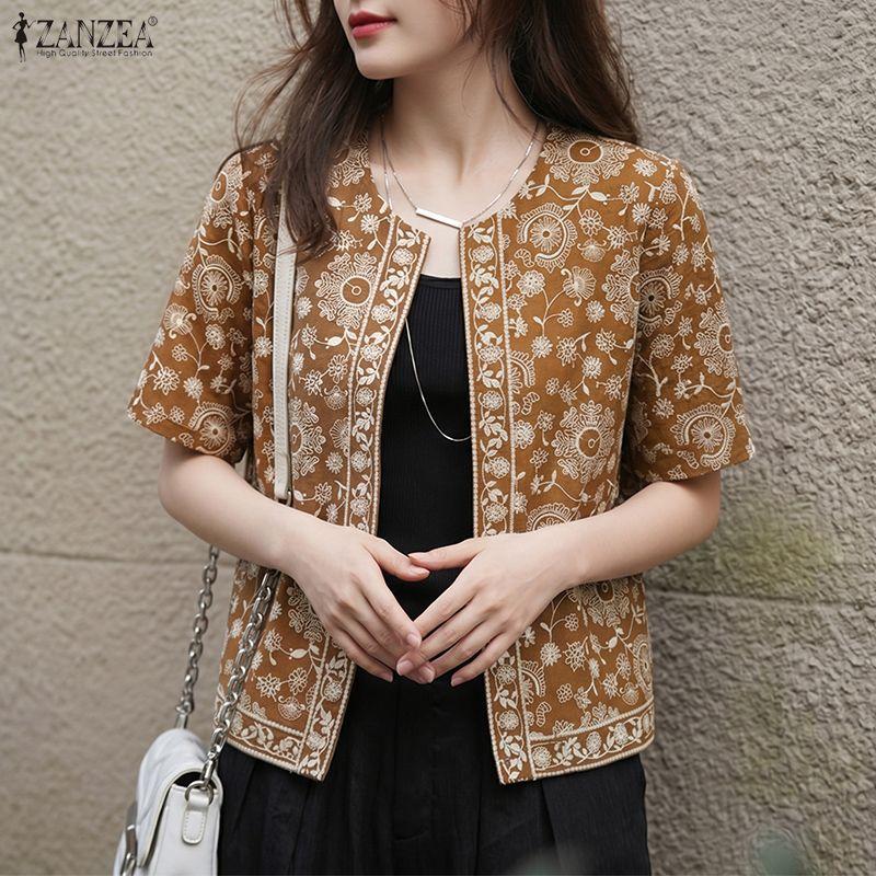 ZANZEA Women Retro Print Casual Round Neck Short Sleeve Open Front Cardigan Tops
