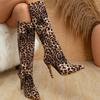 Women Knee-High Boots Pointed Toe Stiletto Heels Leopard Print Zipper Long Booties