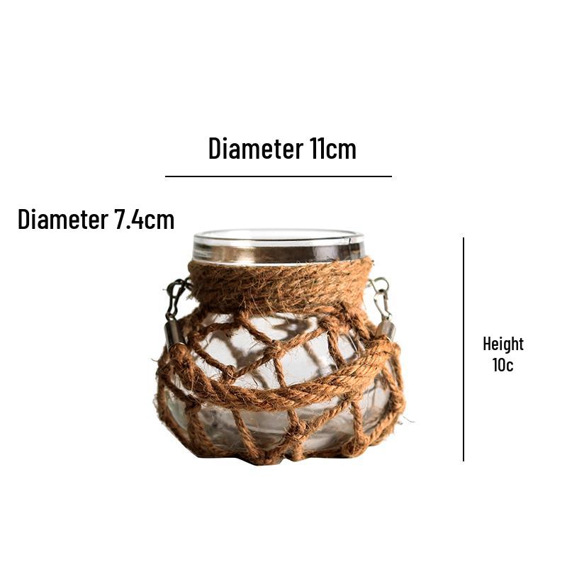 Retro Dried Flower Arrangement Glass Vase with Hemp Rope – Transparent Desktop Ornament for Home Decor