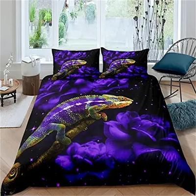 Set Copripiumino Lucertola Set Biancheria da Letto Rettile Misura King per Ragazzi Ragazze Rospo Animale Tropicale Viola Floreale Esotico Copripiumino