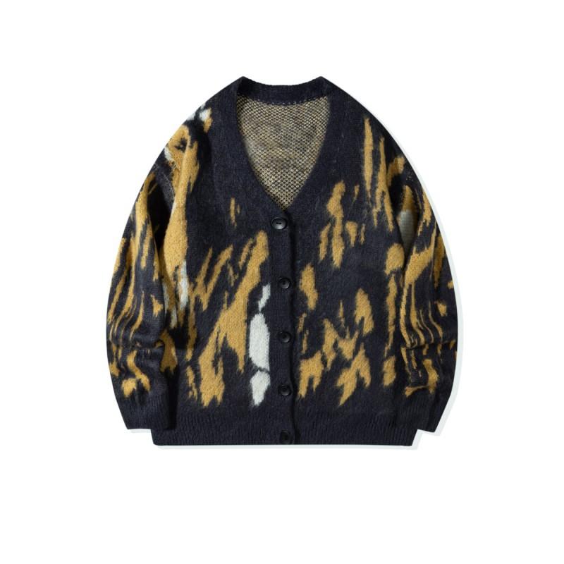 Mens Street Style Knit Cardigan Fall Loose Fit Color Block Sweater Casual Long Sleeve Top Teens