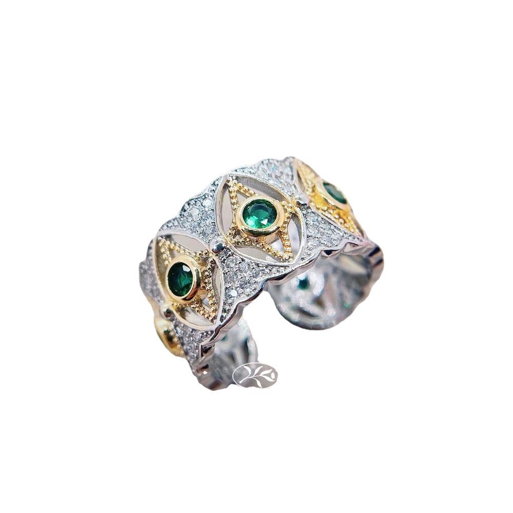 Italian Vintage Two Tone Gold Venetian Tear Green Diamond Earrings French Antique Emerald Star Moon Eye Ring Women Jewelry Set