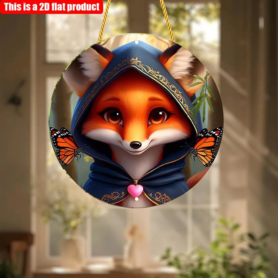 2D Flat 20*20cm1pc Cute Fox with Cloak High Quality Round Hanging Sign, Charming Fox&Butterfly Patterns Window Art Ornament, Exceptional Wooden Gift