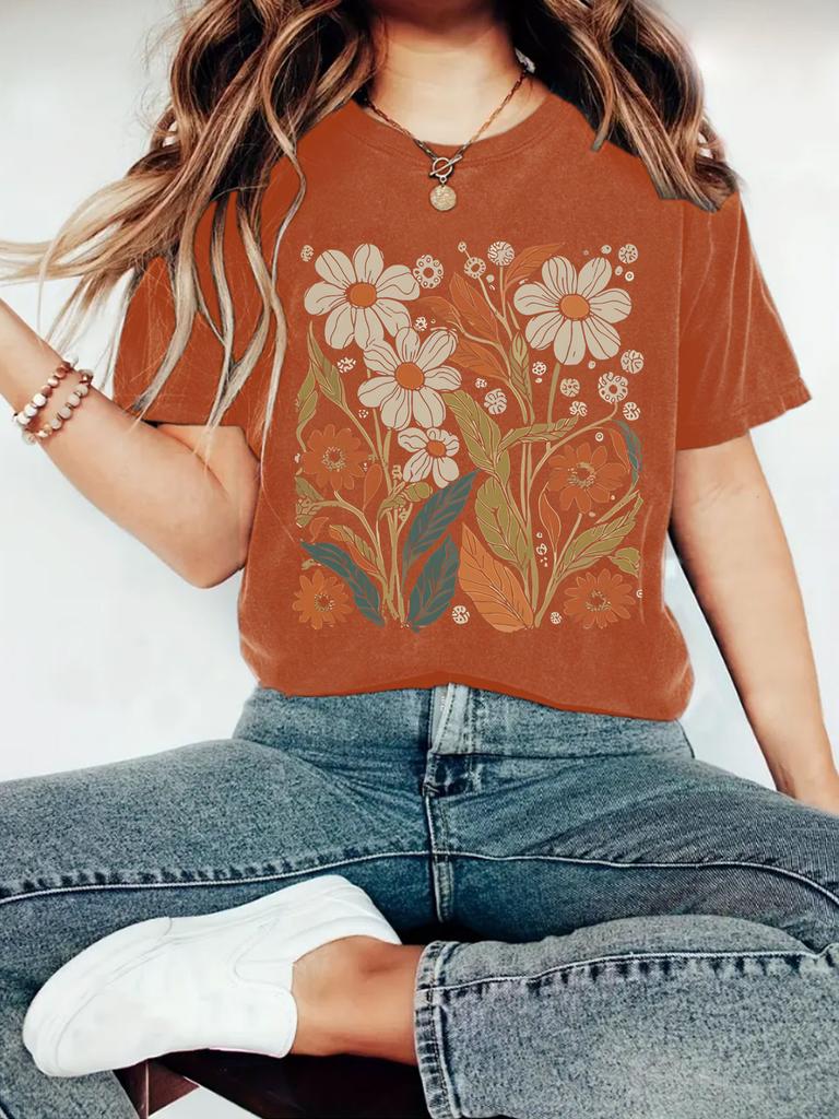 Summer Women's Clothing Plant Flower Pattern 3D Printed Round Neck Short Sleeved Casual T-shirt
