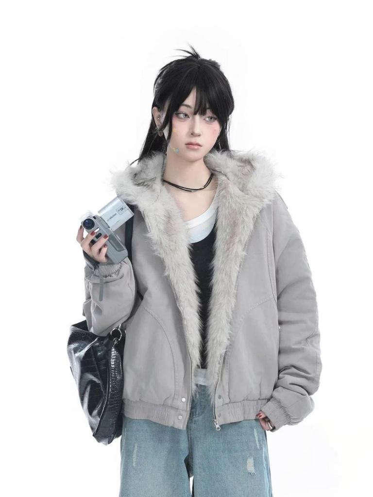 Women's American Retro Mountain Eagle Fur Collar Jacket - Winter Hooded Thick Petite Cotton Coat