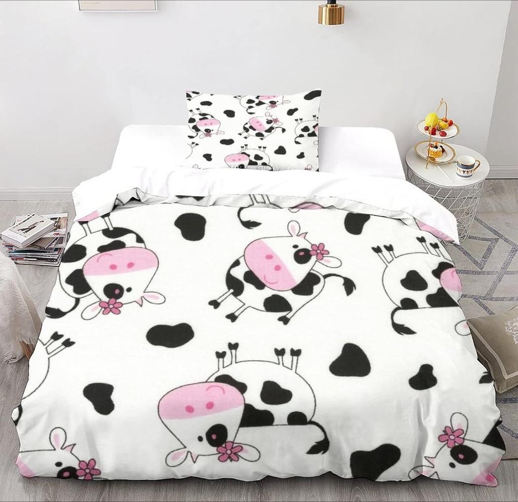 Cartoon Cow Motif,Microfibre Bedding Sets, Children's Bed Linen with Zip Room Decor  Duvet Cover  for Teenagers  Adult 3-Piece