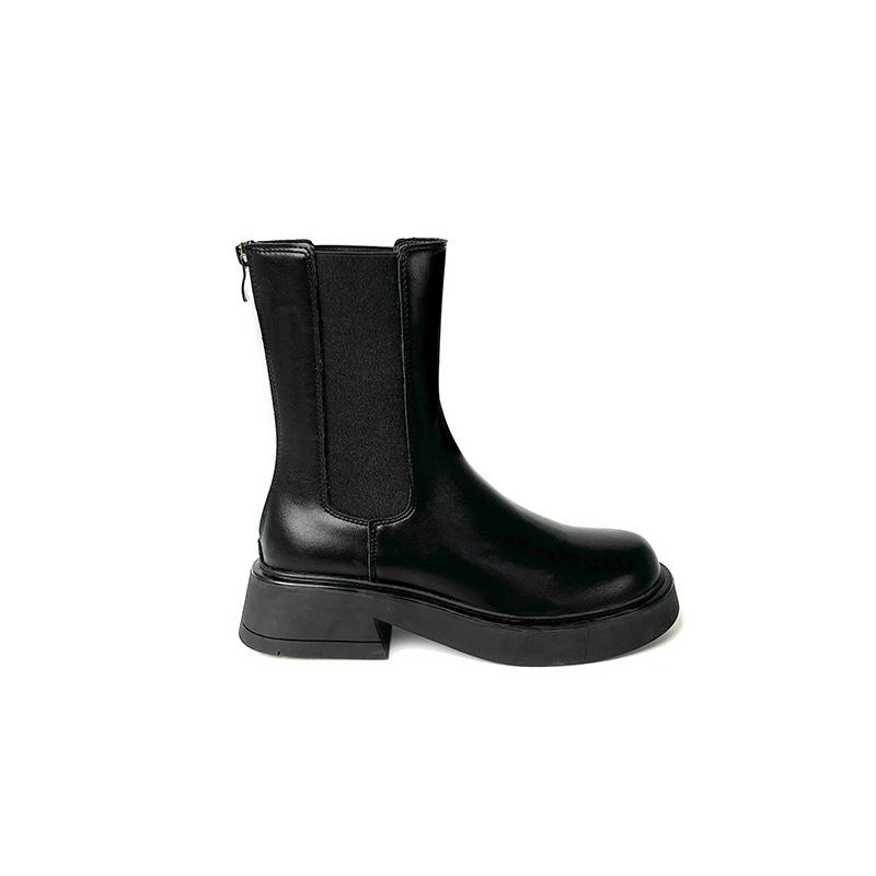 Cowhide Version~ British Style Fashion Thick Heel Chelsea Short Boots Women's Platform Short Rear Zipper Martin Boots Cigarette Boots