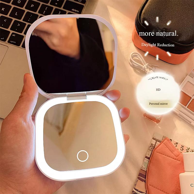 LED Makeup Mirror, Portable 3 Color Lighted Vanity Mirror, Cute Folding Travel Mirror for Purse