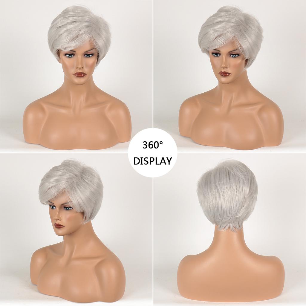 Parrucca Sintetica Liscia Bianca con Frangia Corta Parrucche Complete per Donne Capelli Naturali Cosplay Mamma Parrucche Quotidiane da Festa Capelli Resistenti al Calore