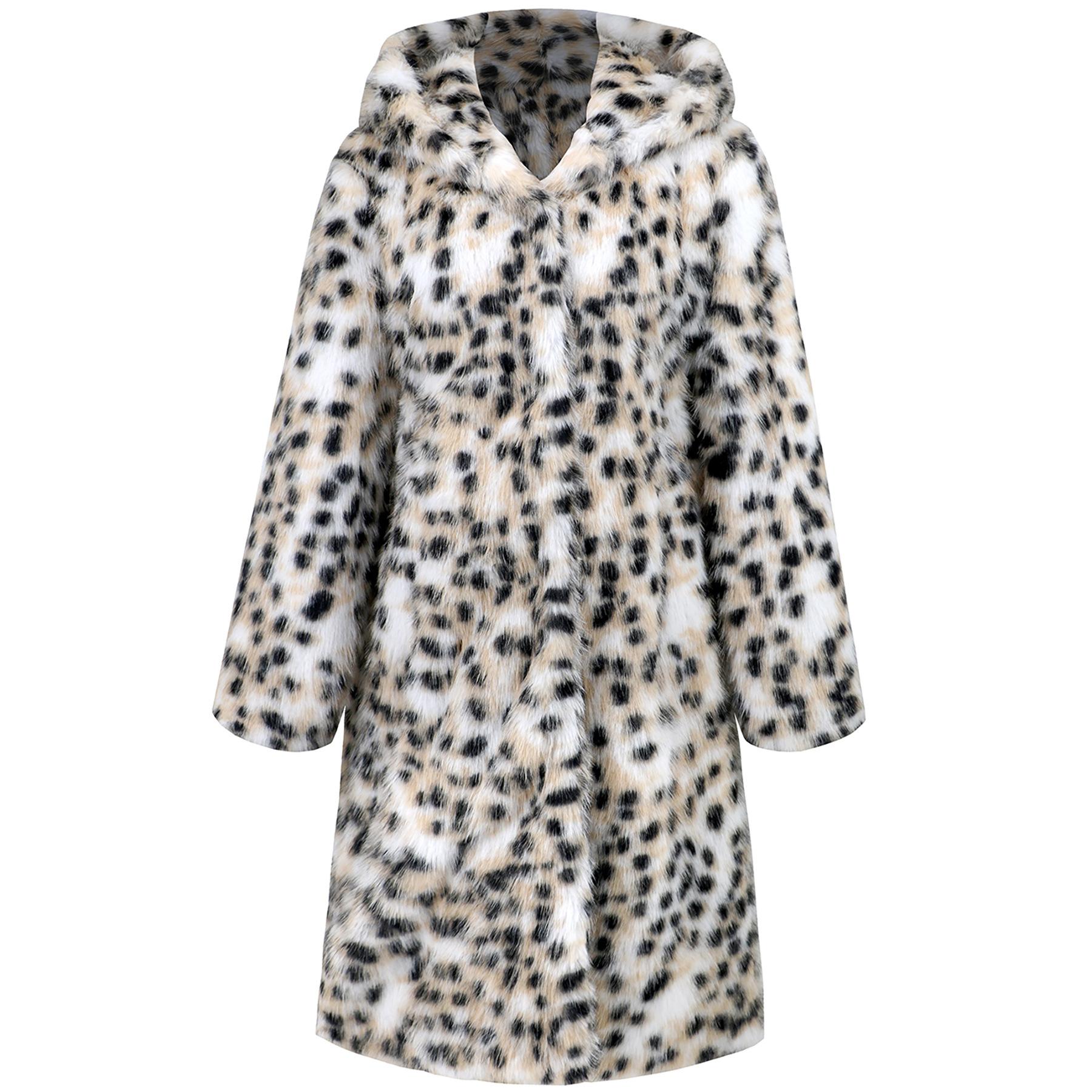 

Женское пальто больших размеров, зимнее, новое, с леопардовым принтом, с капюшоном и мехом, с длинными рукавами, средней длины, теплое пальто XL белый