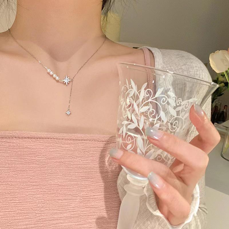 Niche Eight-Pointed Star Pearl & Diamond Choker Necklace - Elegant, Versatile Fashion for Women