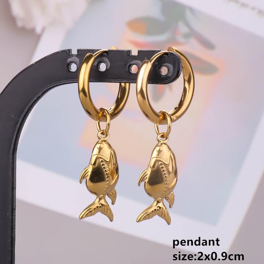 Gold Color Animal Pendant Earring Cute Sea Turtle Fish Tail Crab Stainless Steel Hoop Earrings for Women Men Accessories Jewelry