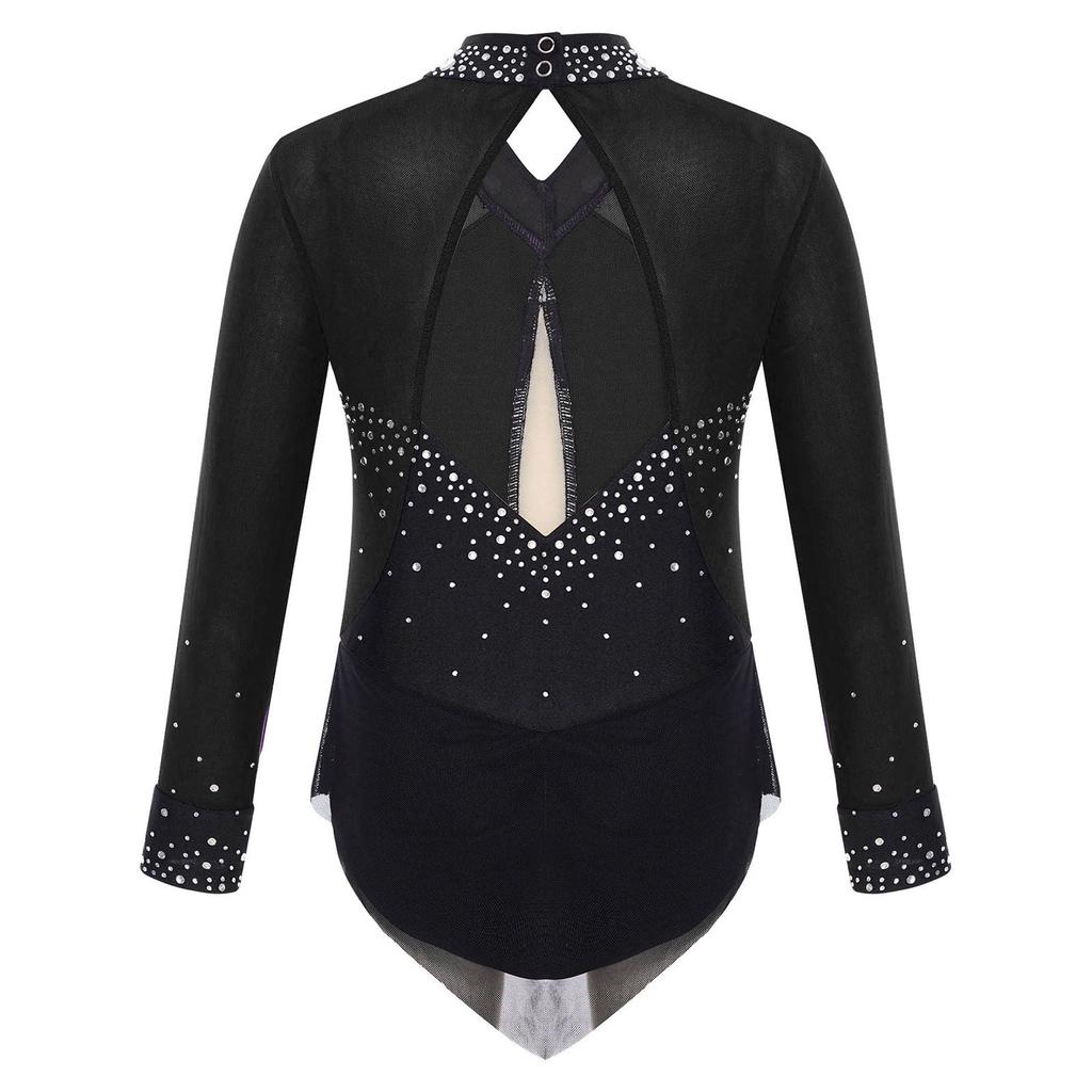 Дитячий блискучий купальник з стразами, Color Block, з прозорими сітчастими вставками, з спідницею, боді для фігурного катання, танців, гімнастики