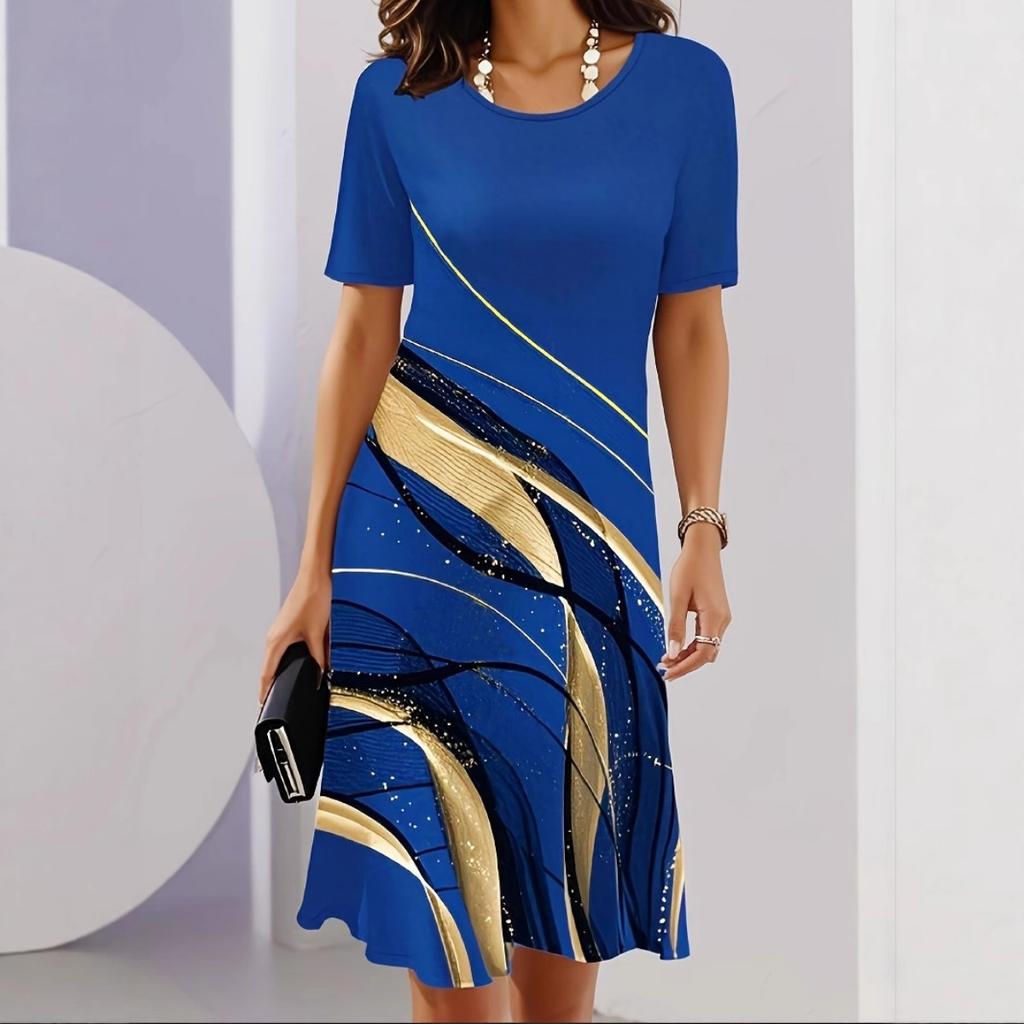 Women's Casual Loose Round Neck Dress 3D Floral Printed Fashion Midi Dress