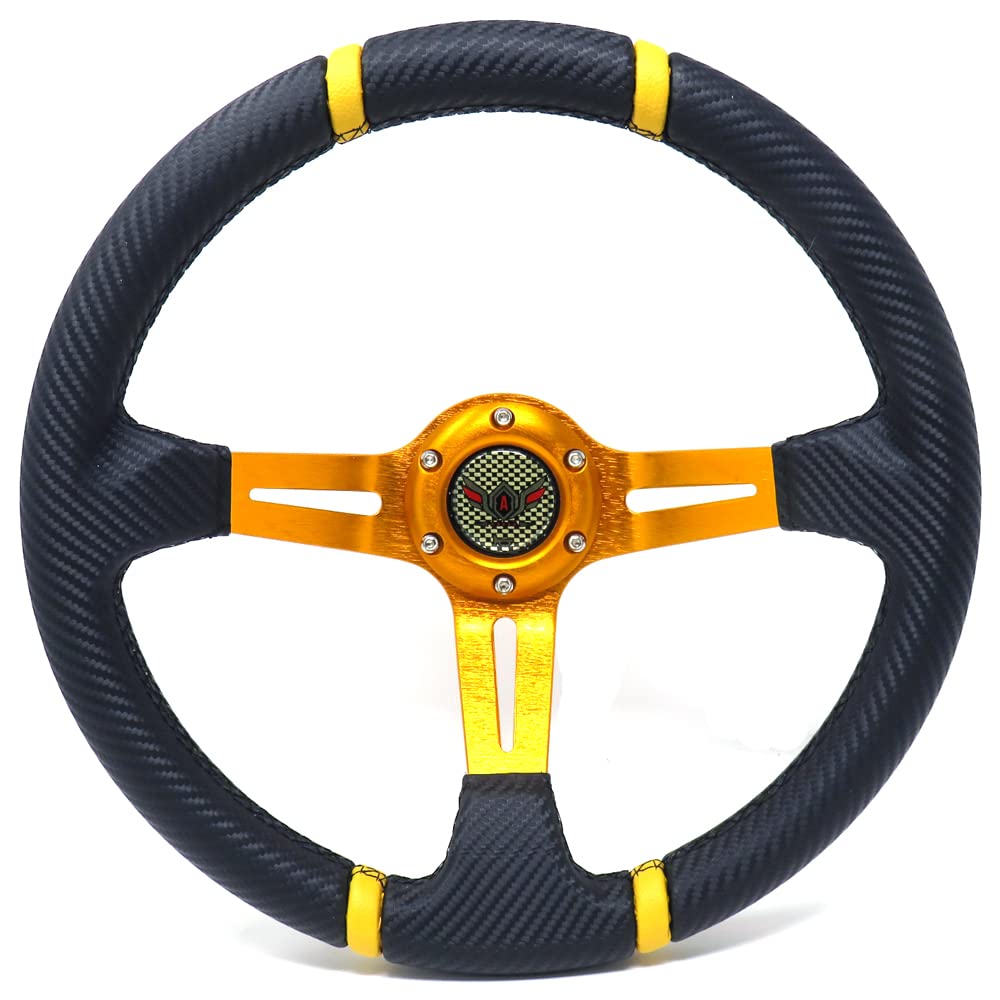 ALTEED Sports Steering 350mm Deep Cone Gold Spokes with Carbon Fiber for Aftermarket Cars Wheel, Model, Design,
