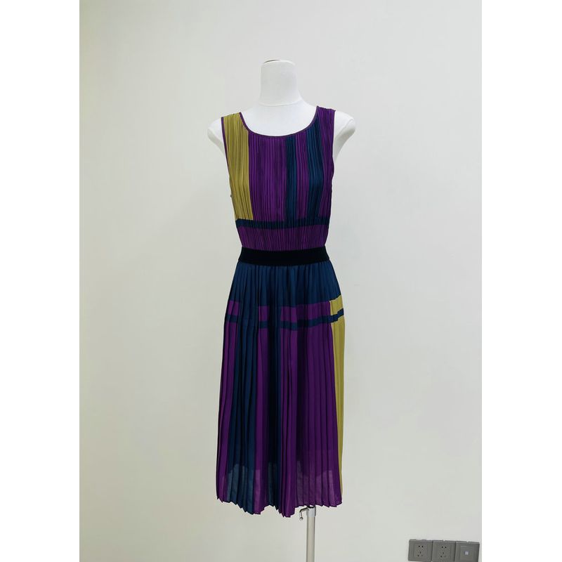 

American Original Order Exquisite Commuter Purple Contrast Color Pleat Texture Vest Dress Niche Design Long dress Figure color XXS