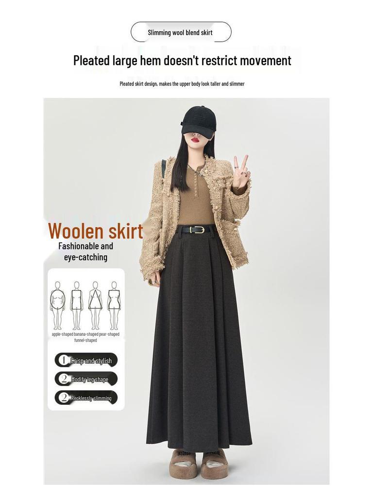 Women's High-Waist Wool Pleated A-Line Skirt - Autumn/Winter Mid-Length Swing Skirt