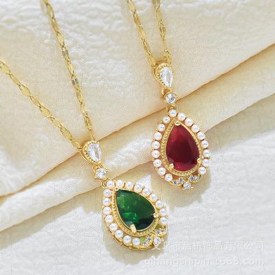 Supply Water Drop Necklace Women'S Retro Simple Fresh Natural Pendant Collarbone Chain