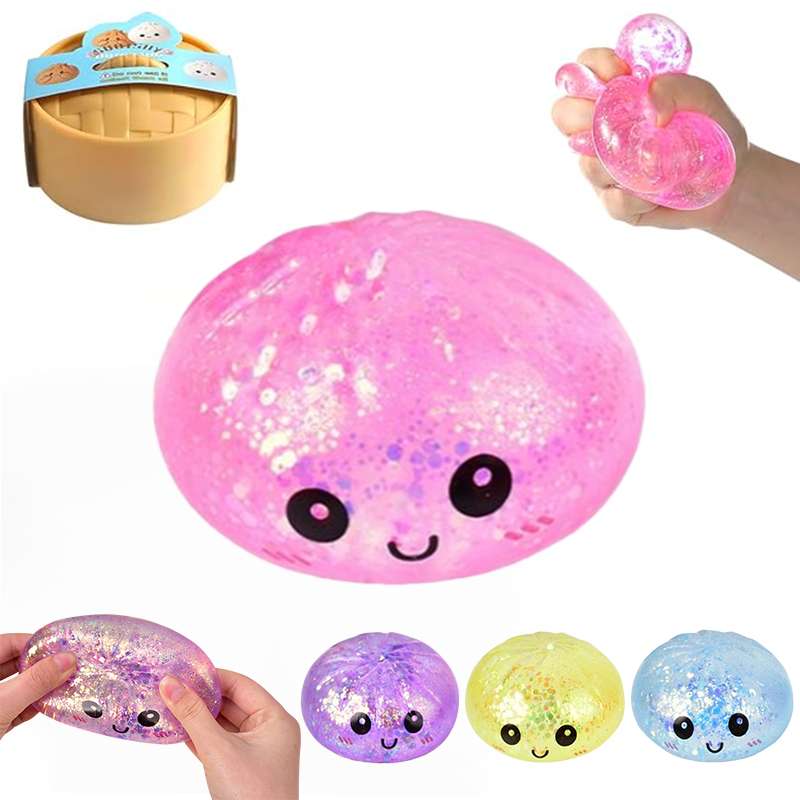 Glitter Dumpling Squishy Toy Simulation Food Sensory Squeeze Ball Stress Relief Slow Rebound Blind Box With Steamer Box Gift