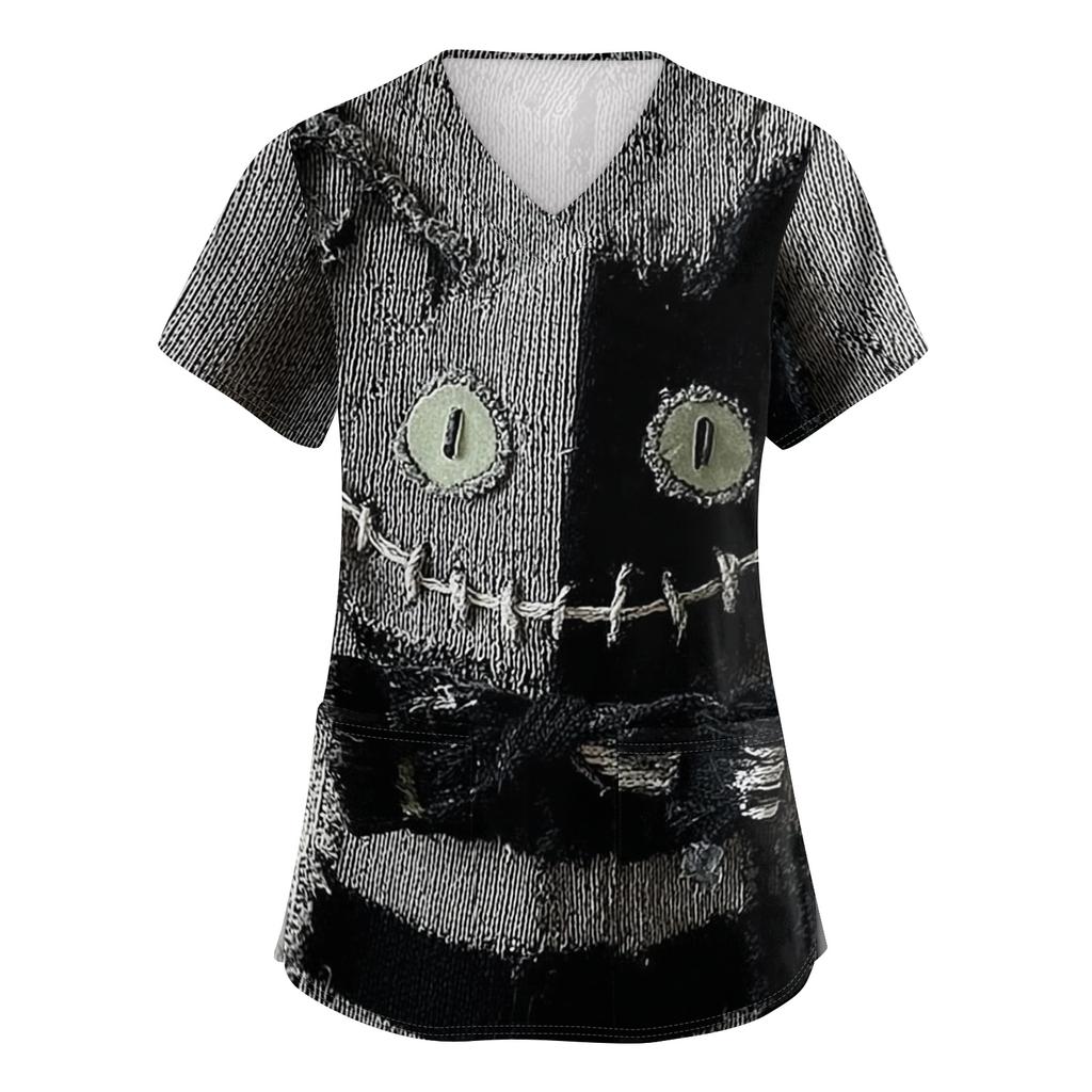 Women's Halloween Print Scrub Top – Short Sleeve V-Neck with Pocket and Side Slits for Professionals