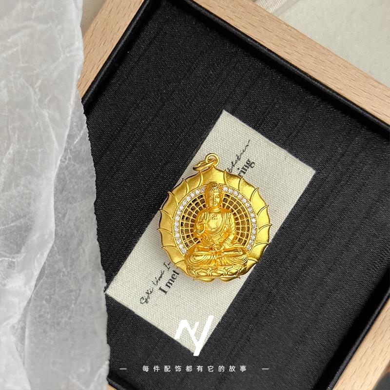Gold-plated buddha pendant sweater necklace - high-end, retro, and luxurious with diamond accents