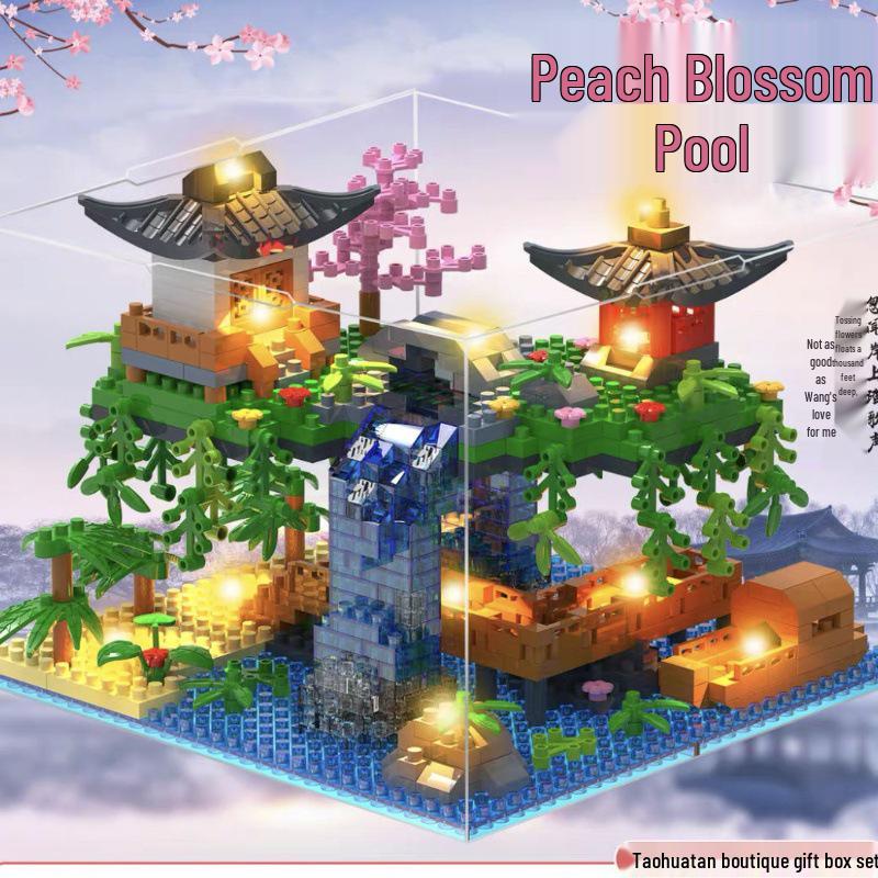 Fairy Pavilion Cherry Blossom Treehouse with Peach Blossom Pond - Creative Ancient Style Building Block Ornament, Handmade Assembly Scene.