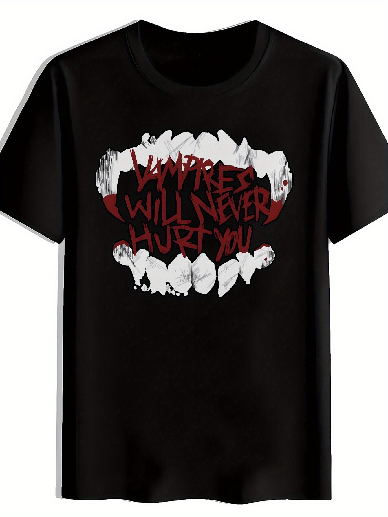 Vampire Graphic T-shirt - Funny Vampires Will Never Hurt You Tee - Lightweight Polyester Shirt for Halloween S
