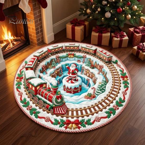 Indoor Decorative Floor Covering Round 3D Christmas Rug, Vortex Optical Illusion Area Santa Snowman Staircase Quiet Play Mat for Kids Depth