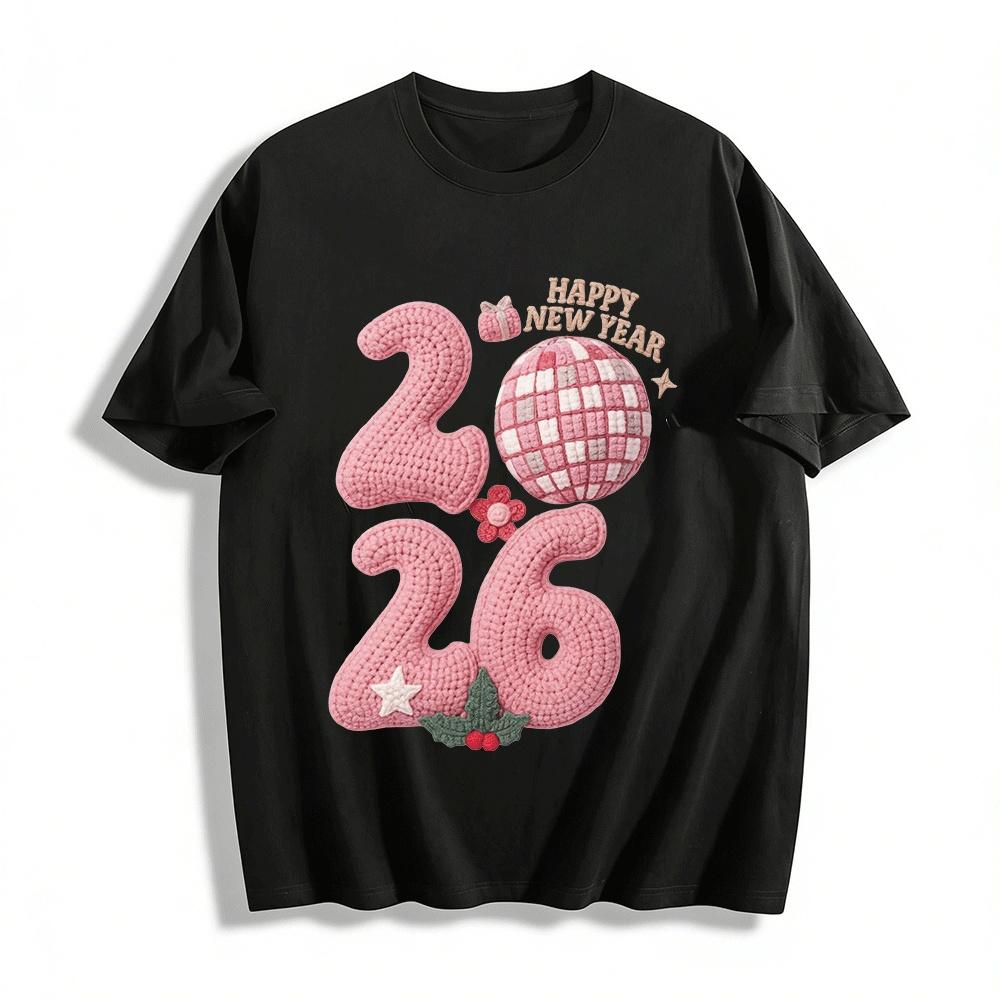 2026 New Year Limited Knit Style Pink Number Print Casual Top Pure cotton T-shirt XXS
