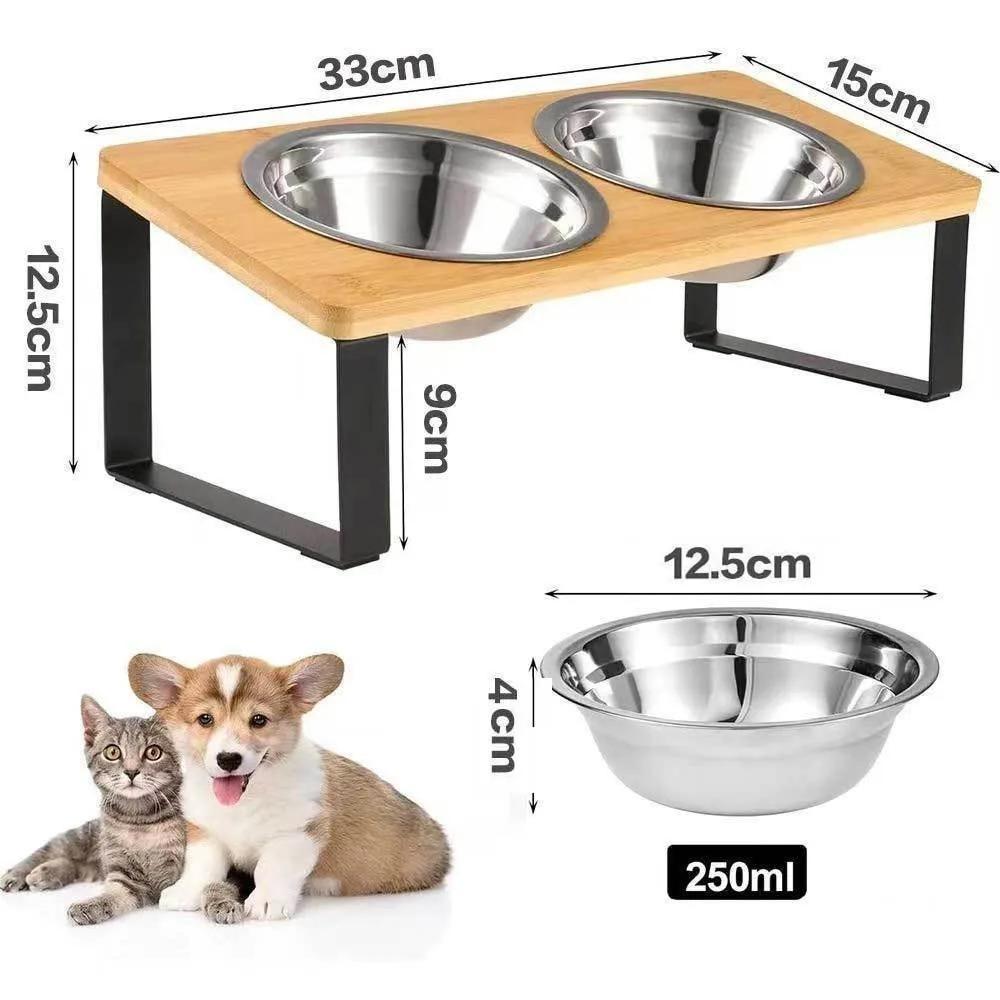 Cat Food Bowls with Wooden Stand 2 Stainless Steel Bowls for Cats Elevated Cat Bowls Pet Feeder 15° Tilted Raised