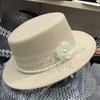 Autumn and Winter European and American Flower Top Hat Flat Top Hong Kong Style Senior Gentleman's Hat Styling Pearl Mesh Felt Hat