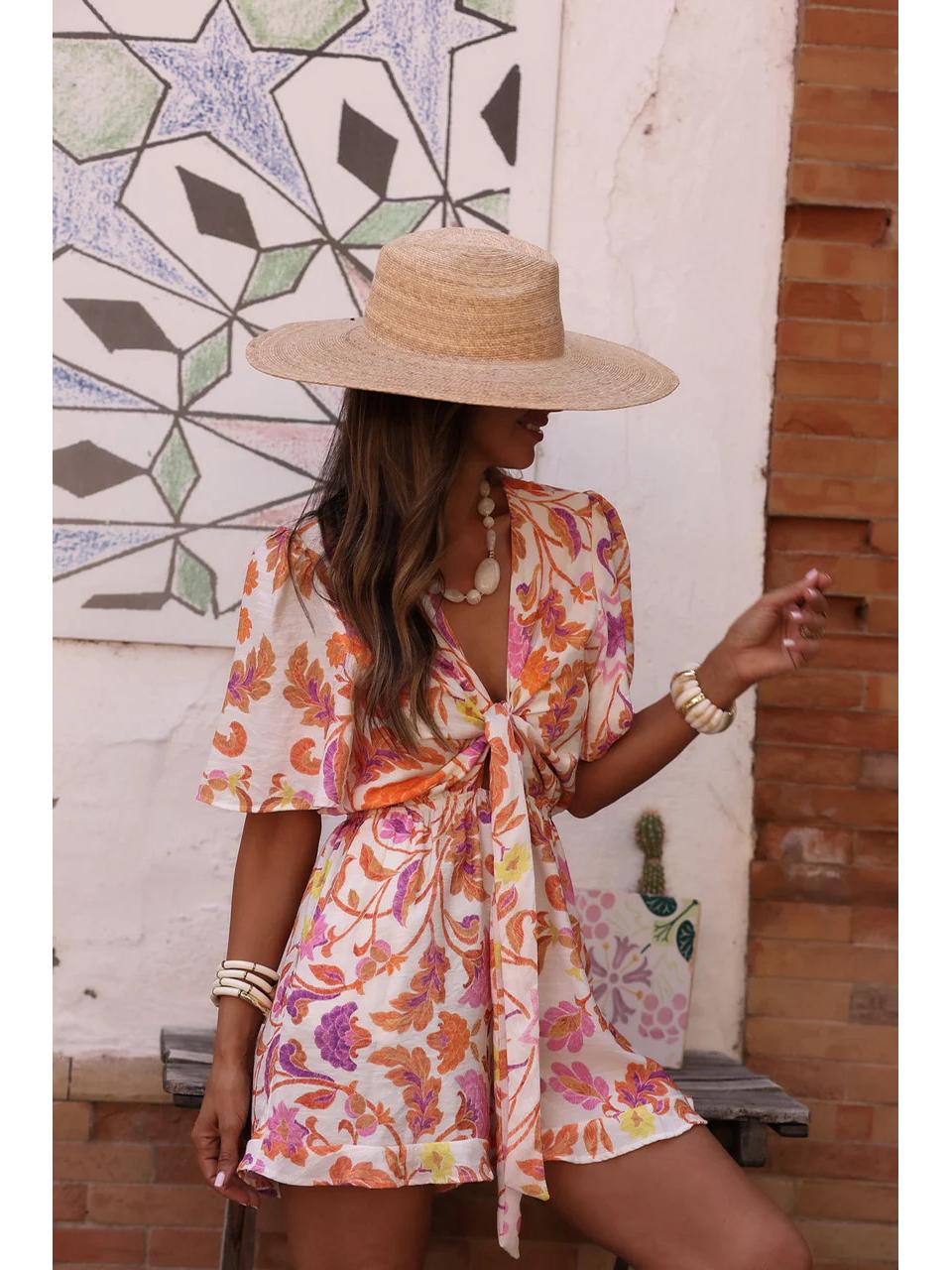 

2026 Spring V-neck Lace-up Casual Short Sleeve Beach Dress M