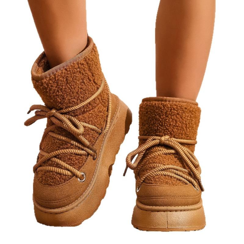 Women's New Winter Fleece Lined Thickened Elevated Chunky Sole Lace Up Fashionable Warm Cotton Boots