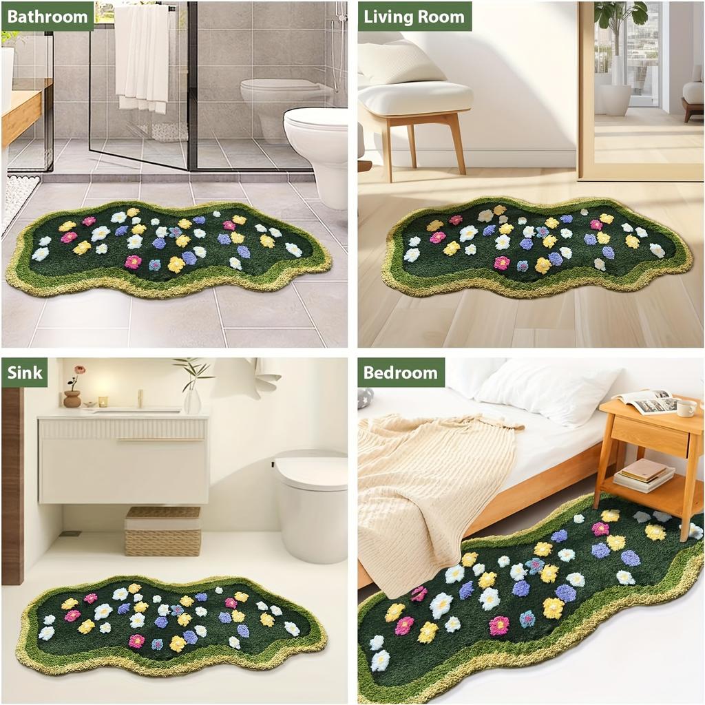Ultra-Soft Moss Runner Rug - Non-Slip, Absorbent, Aesthetic Decorative Bath Mat with Shaggy Tufted Flower Design, Extra Long Polyester & PVC Backing